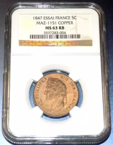 1847 France 5 Centimes Copper Essai Maz 1151 NGC MS63 5C RB CERTIFIED SPECIMEN