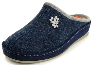SCHAWOS Damen Pantoffel Hausschuh SCHURWOLLE + FILZ blau/grau