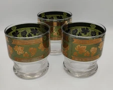 Set of 3 Vintage Mid Century Cora Green Golden Grapes Rocks Whiskey Glasses