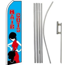 Hair Cuts Blue / Red Swooper Flag & 16ft Flagpole Kit/Ground Spike