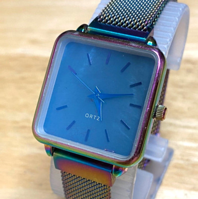 Ortz Lady Rainbow Themed Japan Movt Mesh Square Analog Quartz Watch~New Battery