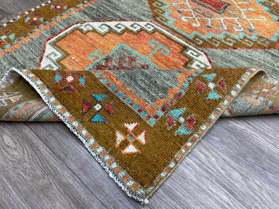 3x9 Orange Green Turkish Runner, Unique Vintage Oushak Hand-Knotted Wool Runner - Image 3 of 4