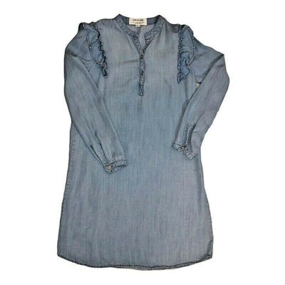 Cloth Stone Shirt Dress XS Ruffle Chambray Blue Button Neckline
