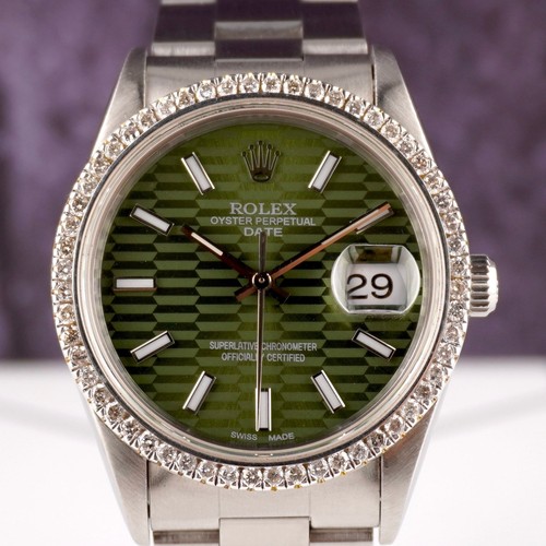 Rolex Date 34mm Ladies 1.5ct Prong Diamonds Green Motif Dial Steel Watch 15000 - Picture 10 of 11
