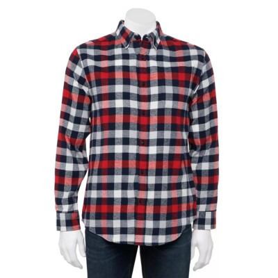 Croft & Barrow Men's Flannel Shirt Button-Down Woven Lumber Red Buffalo Plaid 