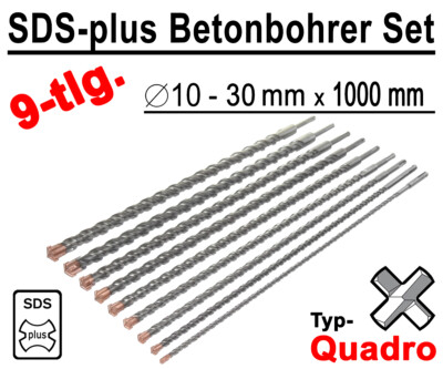 9 x SDS-plus Betonbohrer Quadro Bohrer Hammerbohrer 10 mm - 30 mm x 1000 mm Lang