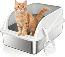 XL Cat Litter Box Stainless Steel Litter Pan Open Top with Scoop  Litter Mat