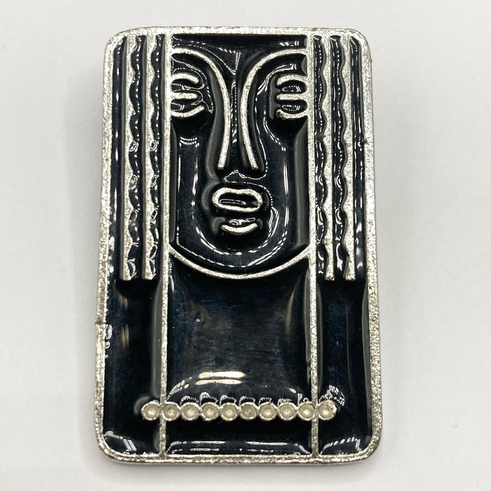 Vintage Charles of The Ritz Black Enamel Lady Face Pewter Brooch Pin Pendant