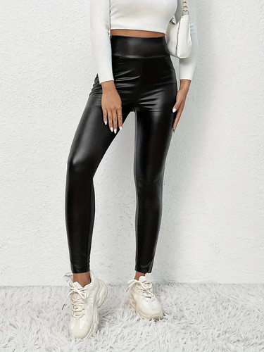 Women's High-Waist Shiny Faux Leather-Like Leggings -Double Insert Pockets UK 10 - Picture 5 of 5