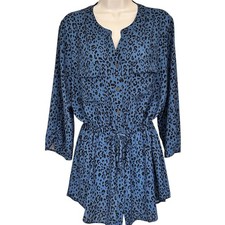 Chico  s Tunic Top Blue Black Leopard Print Drawstring Waist V-Neck Sz 2 Large