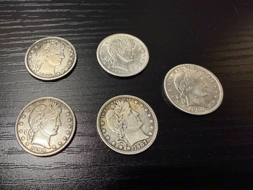 Set of 5 Barber Quarter Dollars 1899 (2), 1907, 1900, 1906