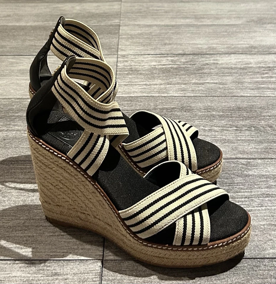 Tory Burch Frieda Espadrille Wedge Open Toe Sandals Womens 7.5 Navy Blue/Beige - Image 3 of 4