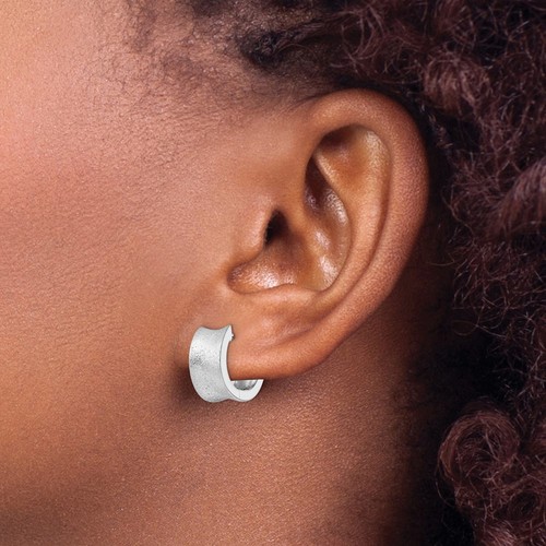 Sterling Silver Rhod-plated D/C Brushed Huggie Hoop Earrings Gift for Her - Picture 3 of 4