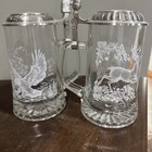 Beer Steins -Set of 2 Vintage Etched Glass Pewter Lids Deer Design W. Germany 7" — photo 1