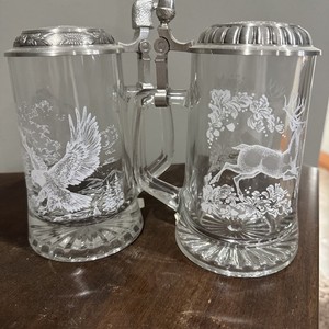 Beer Steins -Set of 2 Vintage Etched Glass Pewter Lids Deer Design W. Germany 7"