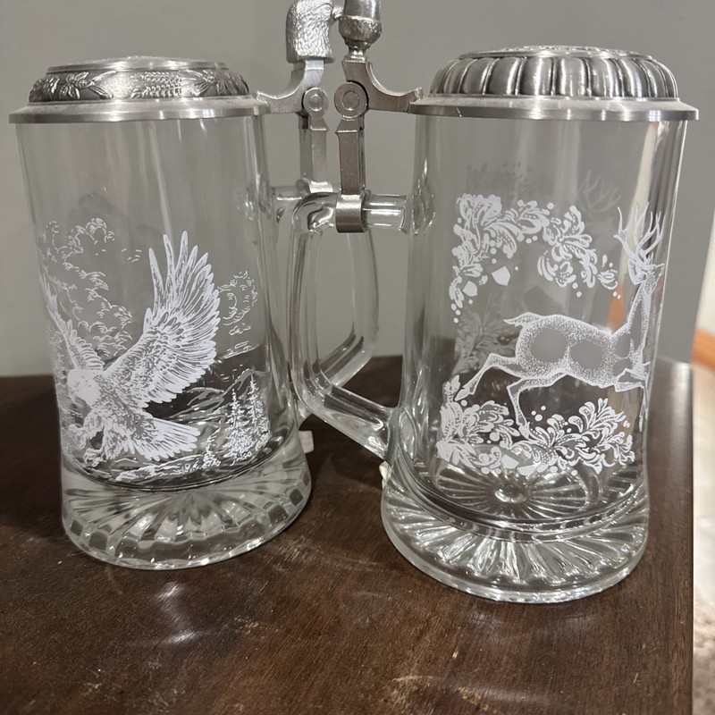 Beer Steins -Set of 2 Vintage Etched Glass Pewter Lids Deer Design W. Germany 7"