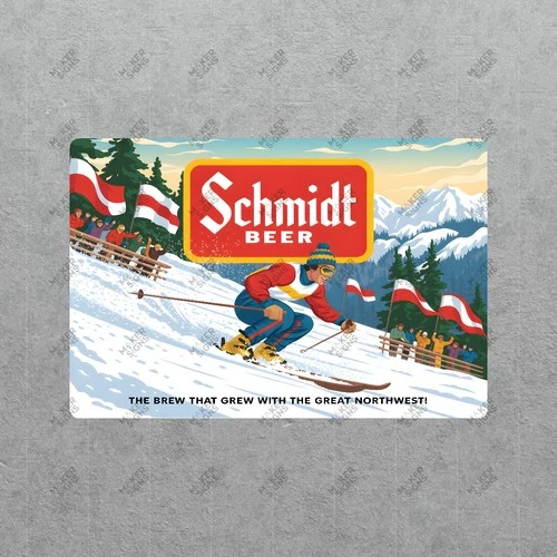 Vintage Schmidt Beer Metal Sign Skiing Advertisement PNW Brewery #54386