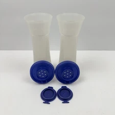 TUPPERWARE Salt and Pepper Shakers Tall White Blue Lids Set of 2 NEW