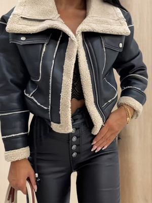 Damen Faux-Pelz Bikerjacke mit Reißverschluss   Warme Winterjacke einfarbig