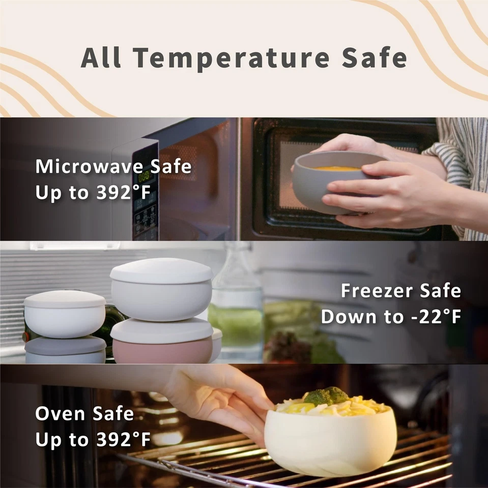 Juego de 3 cuencos de silicona con tapas almacenamiento de alimentos multitamaño a prueba de fugas sin BPA Foto 2 de 4