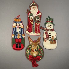 Lot of 4 Vtg Needlepoint Wool Christmas Wine Bottle Gift Bag or Wall Hanging