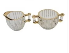 Sugar Creamer Set Jeanette Glass Co 24K Gold Decorated Hobnail Ribbed Vintage