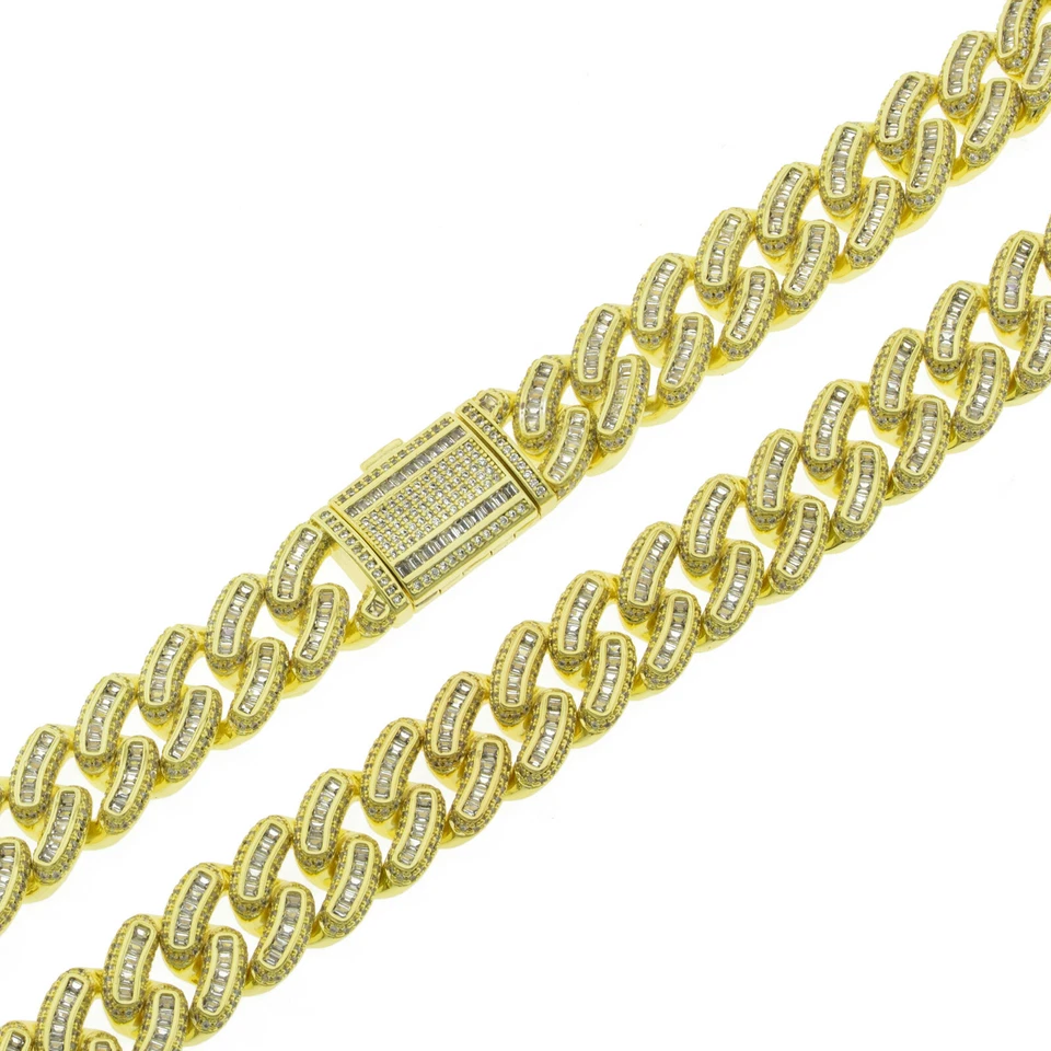 Блестящий 14 мм багет комплект CZ ошейник ожерелье реальный 14K золото покрытием Miami кубинский ссылка - Изображение 4 из 4