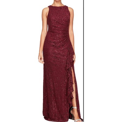 Alex Evenings Women's Size 12P Wine Sleeveless Lace Gown Ruffle Front Slit