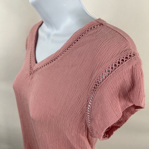 Camisa Buffalo David Bitton Para Mujer Pequeña Manga Corta Campesina Cuello en V Rosa Informal - Imagen 6 de 12