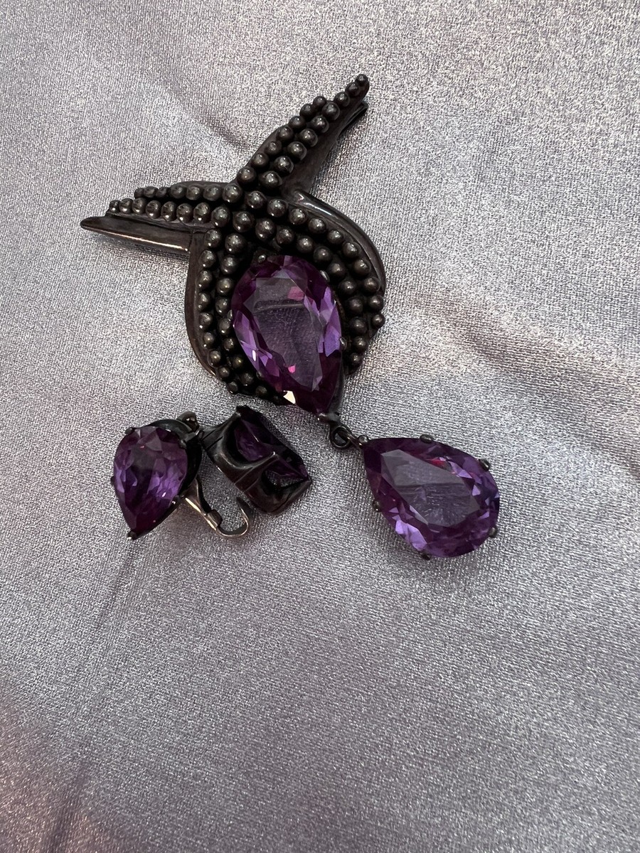 Margot De Taxco Amethyst Brooch and Silver Clip Earrings