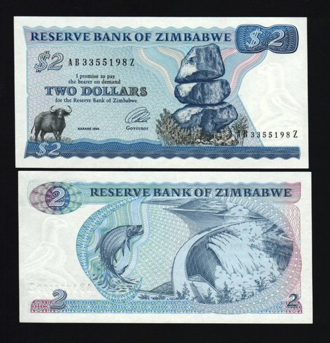 ZIMBABWE 2 DOLLARS P-1c 1994 *Z* PREFIX BUFFALO TIGER FISH UNC MONEY BILL NOTE - Picture 5 of 5