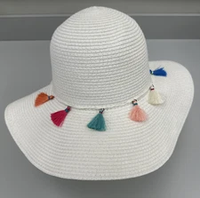 CC Exclusive Womens Sun Hat White Colorful Tassels Beach Floppy Brim UV50+ Paper