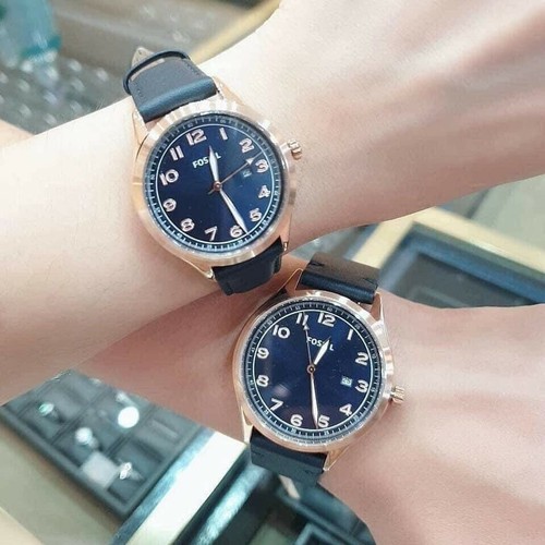Fossil His and Her Wylie Three-Hand Navy Leather Watch Box Set BQ2470SET
