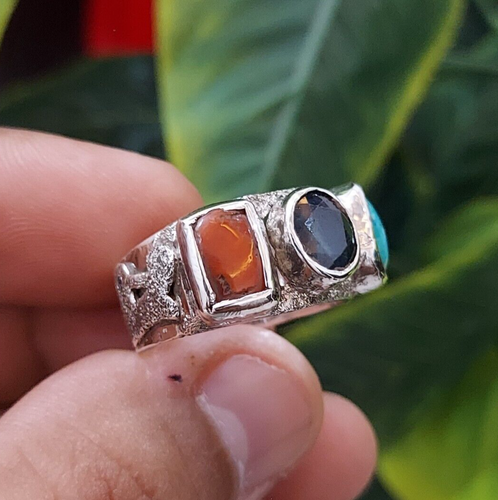 Natural Blue Sapphire | Natural Coral | Natural Turquoise Stone Antique Ring - Picture 3 of 5