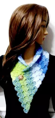 Handmade crochet womens scarf button cowl in green blue hidden picture design USA crafted