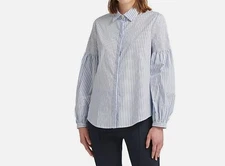 DONNA KARAN Top M Stripe Smocked Sleeve Hidden Button Blouse Stretch Cotton Blue