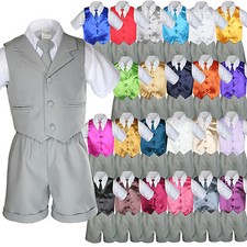 New Baby Boy Toddler 6pc Formal Gray Vest Shorts Suit Extra Color Vest Long Tie