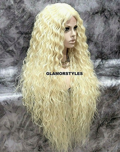 45" LACE FRONT FULL WIG EXTRA LONG CURLY LAYERED MIDDLE PART BLEACH BLONDE #613 - Picture 3 of 6