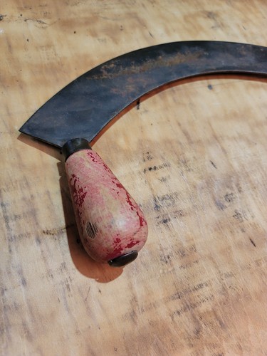 Coltello vintage Mezzaluna a dondolo lama curva tritare erbe manici legno - Foto 8 di 12
