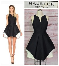 Halston Heritage Black White Mini Dress Fit Flare Notch Neckline 4
