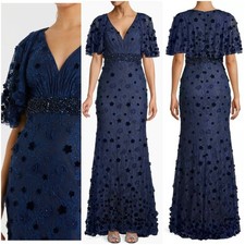Mac Duggal Embellished Blue Maxi Gown Dress sz 4 Floral Cape style sleeve 67712