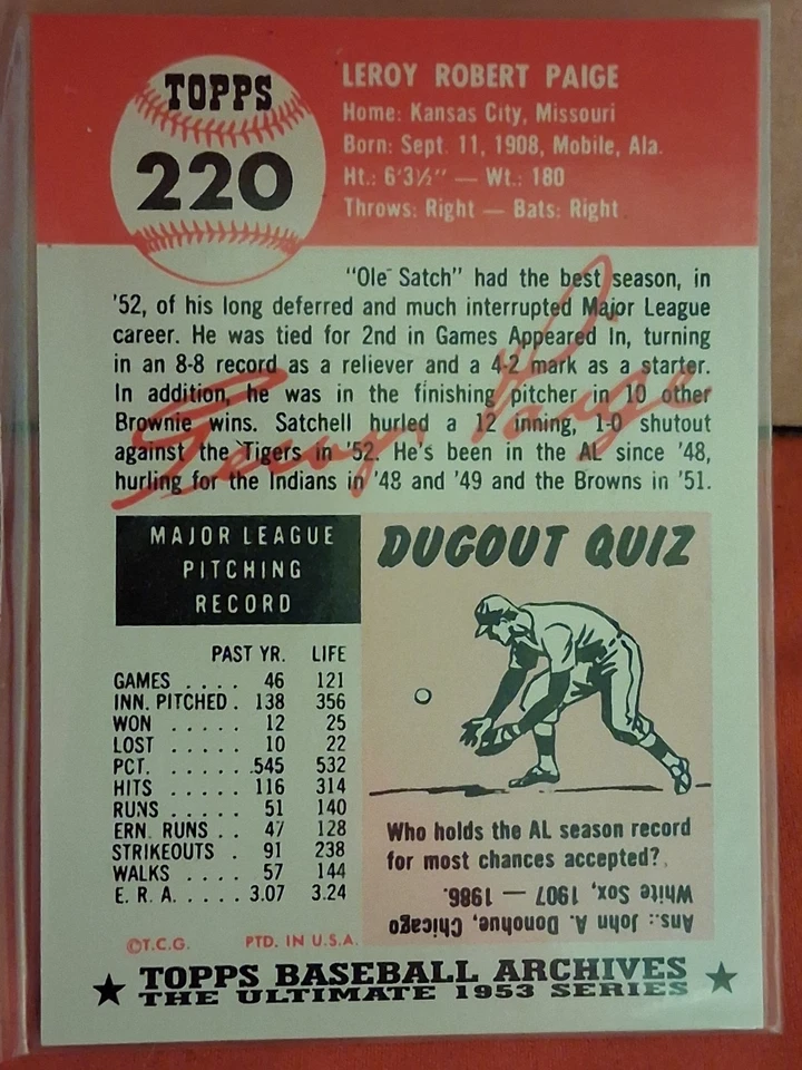 1991 Topps Archives The Ultimate 1953 Set - Satchel Paige #220 - Image 2 of 4