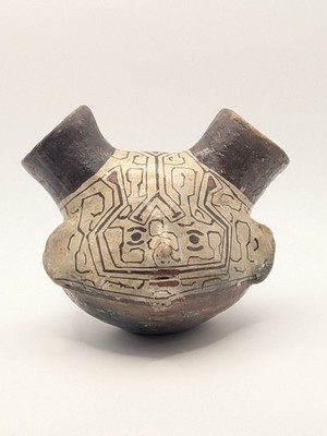 Vtg Shipibo Conibo Peruvian Pottery Water Vessel Face Effigy Amazon Geometric 