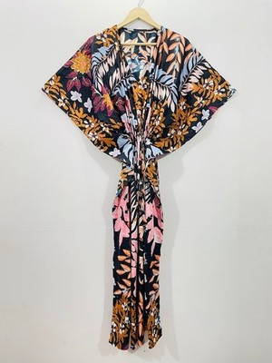 Indisches Vintage 100 % Baumwolle langes Strand Maxi Kaftan Kleid Einheitsgrö...