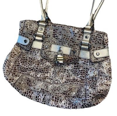 B Makowsky Handbag Shoulder Bag Snake Print Vachetta Purse Flap Satchel Lock 