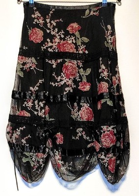 Black Floral Bubble Hem Whimsygoth Cottagecore Skirt with Vintage Roses