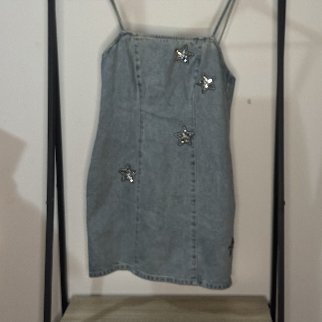 Mink Pink Blue Denim Slip Dress M Beaded Star Square Neck Strappy Zip Short