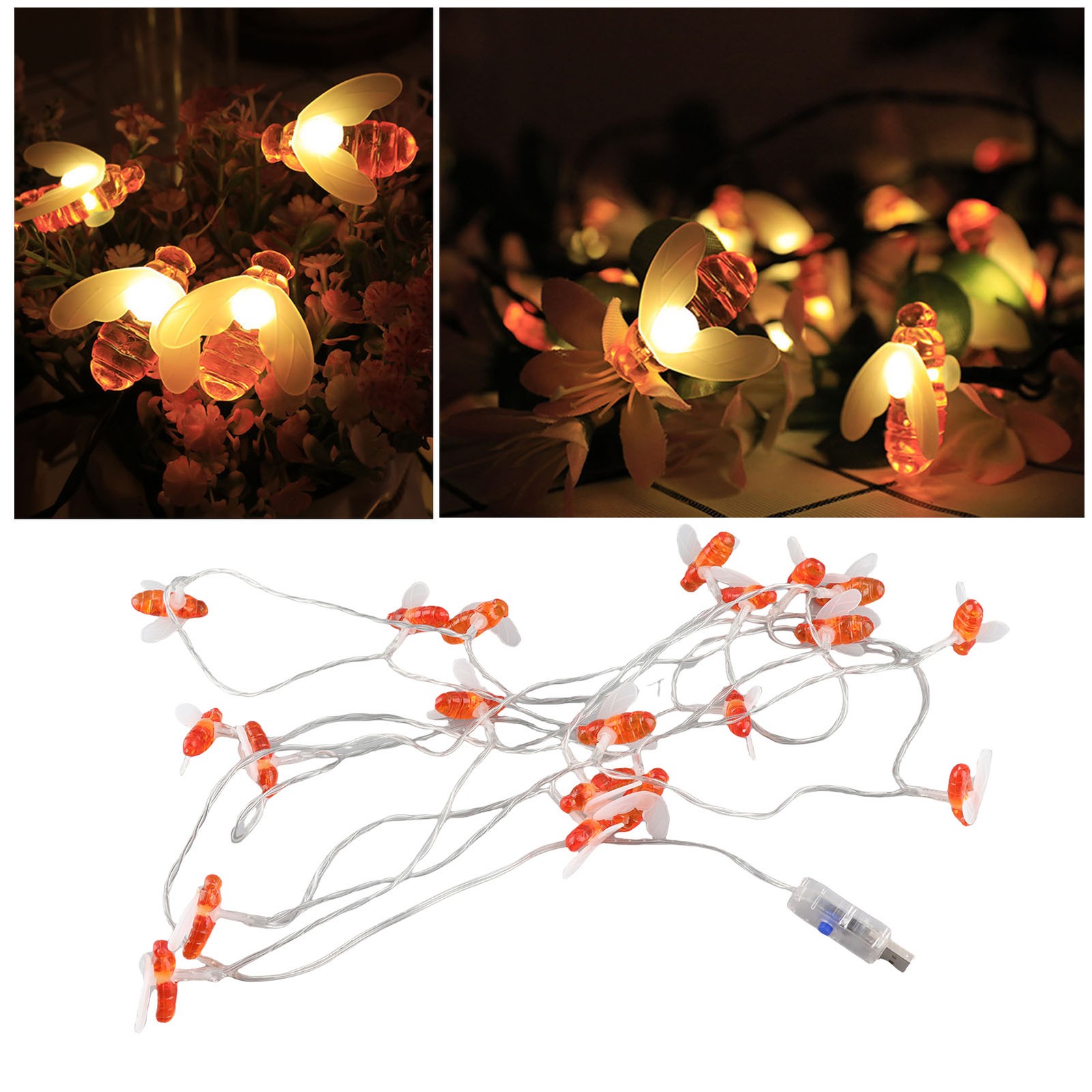 Solar Bee String Lights 20 LED Honey Bee Fairy Lights Warm Light String Lights