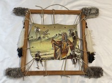 Native American Wall Hanging Painting Fur Feathers Missing Ties And Beads