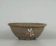 Japanese Bonsai pot ECHIZEN BUNZAN signed IROE Dragonfly Roped rim φ6.2" *1631